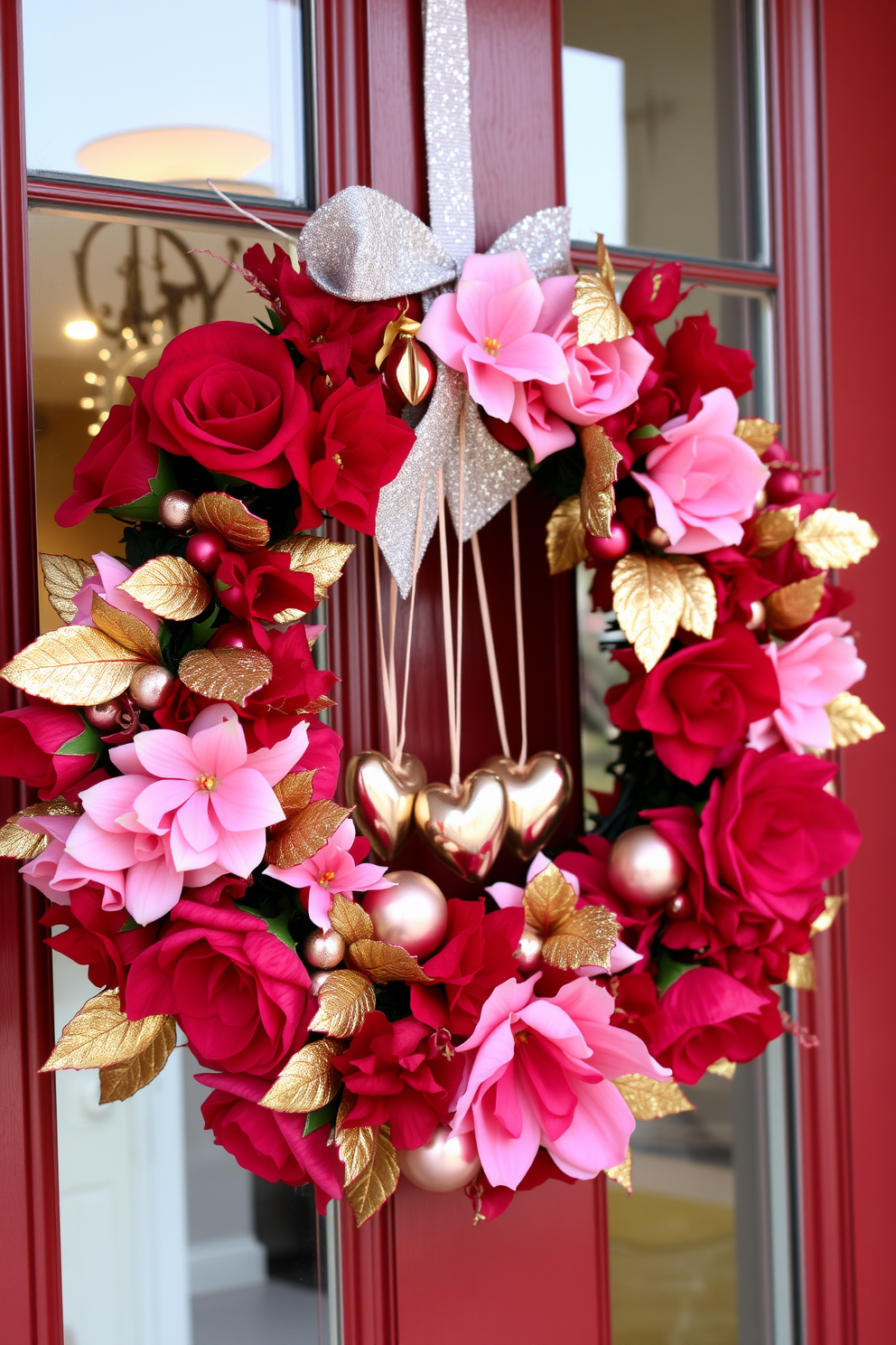 A seasonal wreath adorned with glittery accents hangs on the front door. The wreath features a mix of vibrant red and soft pink flowers, intertwined with shimmering gold leaves and delicate heart-shaped ornaments.