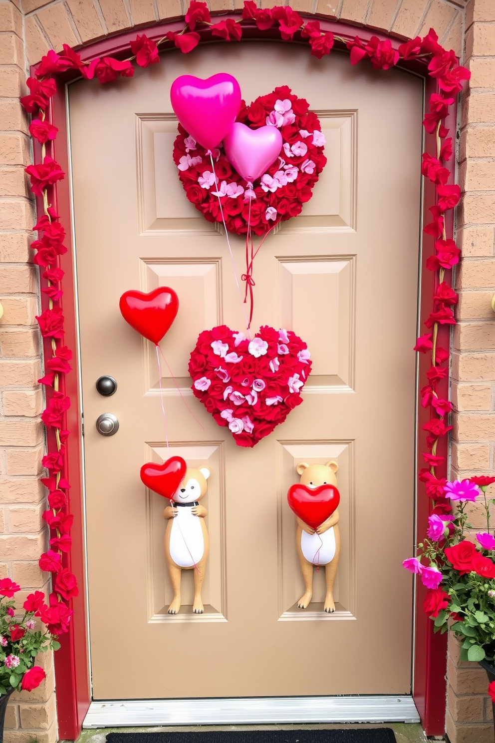 A charming front door decorated for Valentine's Day features cute animal figurines holding heart-shaped balloons. The entrance is adorned with a vibrant wreath made of red and pink flowers, creating a warm and inviting atmosphere.