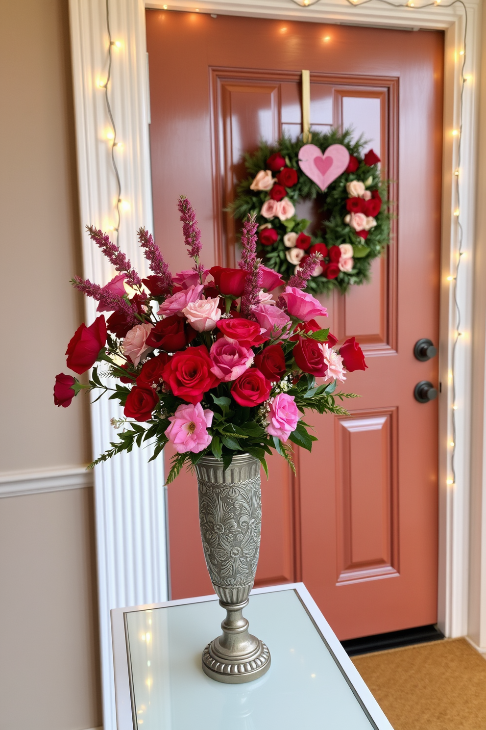 A stunning floral arrangement in a decorative vase sits elegantly on a console table near the front door. The vibrant blooms in shades of red and pink create a warm and inviting atmosphere, perfect for Valentine's Day. The front door is adorned with a charming wreath made of fresh flowers and greenery. Soft, twinkling lights frame the entrance, enhancing the romantic ambiance for the holiday.