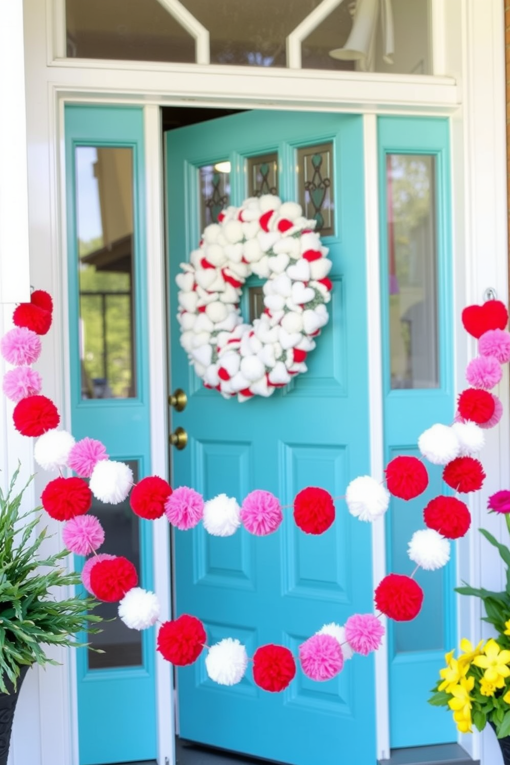 A vibrant front door adorned with a colorful pom-pom heart garland. The garland drapes gracefully across the door, featuring a mix of red, pink, and white pom-poms that create a festive and inviting atmosphere.