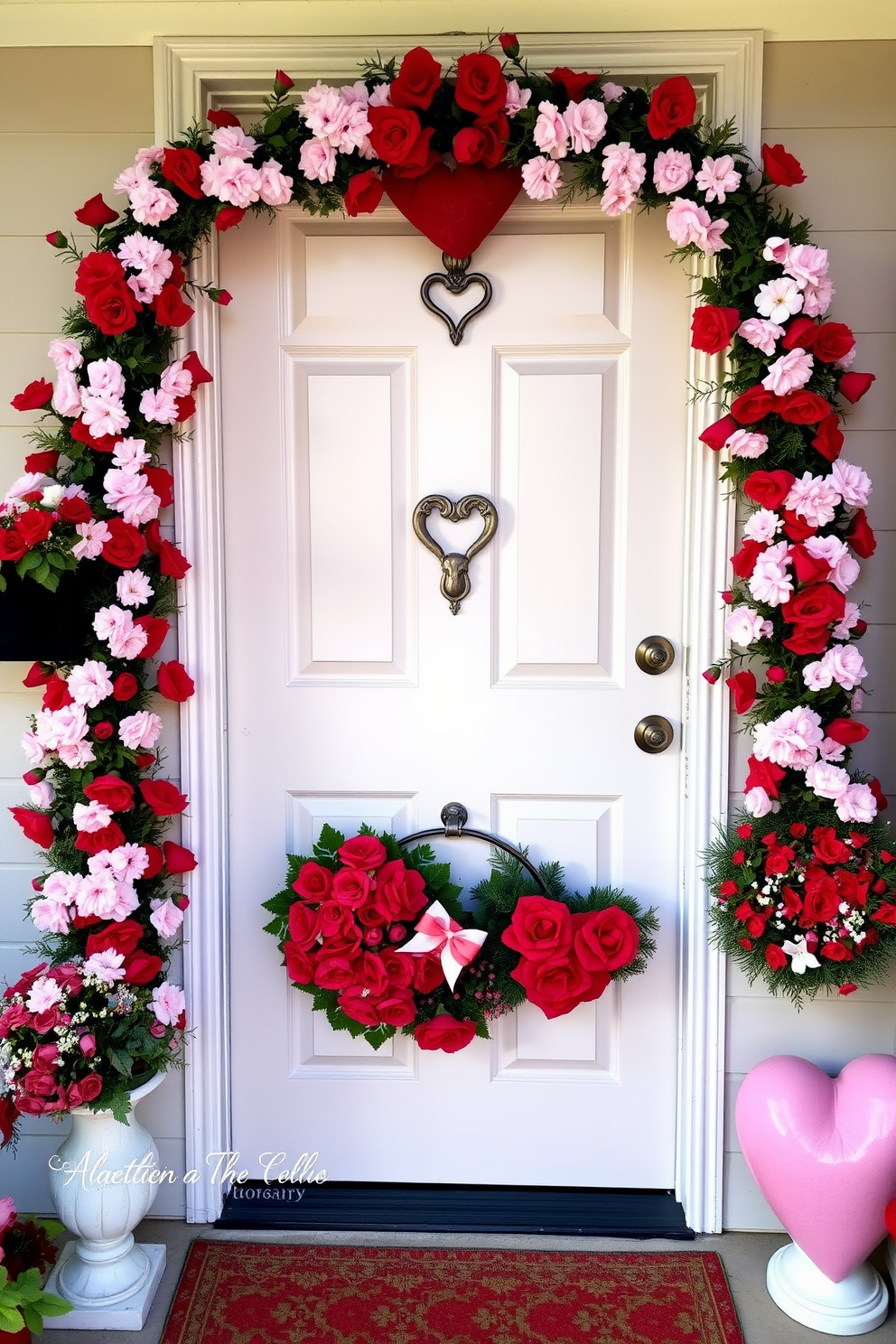 A charming front door features a heart-shaped door knocker that adds a romantic touch. Surround the door with festive decorations including garlands of red and pink flowers and heart-themed wreaths for Valentine's Day.