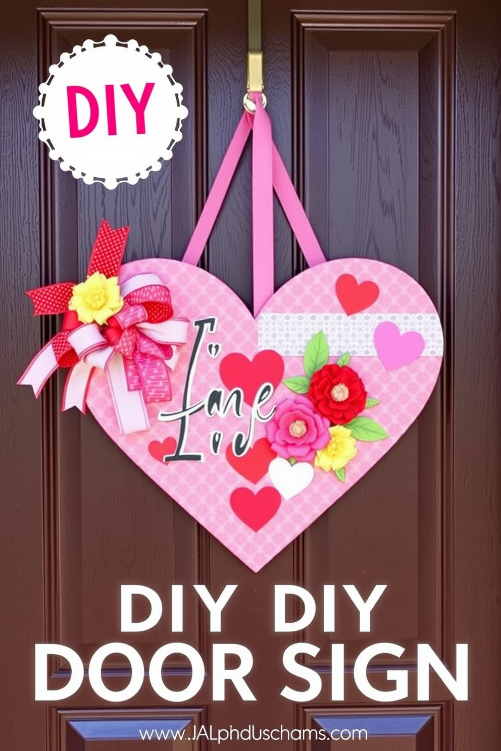 Create a charming DIY heart-shaped door sign for your front door. Use vibrant colors and playful patterns to capture the spirit of Valentine's Day, incorporating elements like ribbons and floral accents.