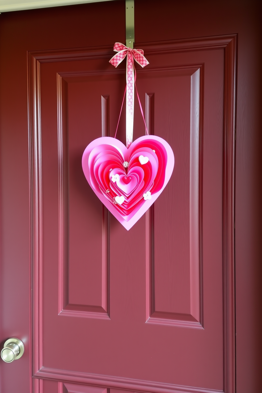 A charming DIY foam heart door hanger welcomes guests with a festive touch. The vibrant pink and red foam hearts are intricately layered and adorned with cheerful embellishments, creating a delightful focal point for your front door. This Valentine's Day decorating idea adds a personal and creative flair to your home. The heart-shaped design complements the seasonal theme while inviting warmth and love into your space.