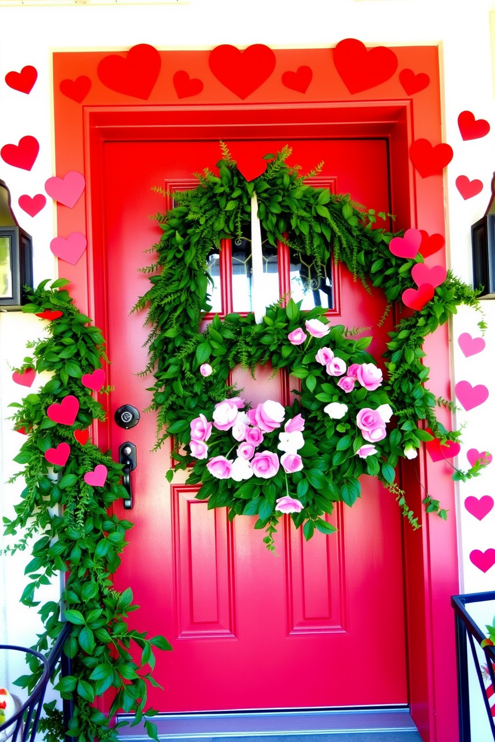 A festive door frame adorned with vibrant heart decals welcomes guests with warmth and charm. The front door is painted in a cheerful red hue, complemented by a lush green wreath decorated with pink and white flowers for a delightful Valentine's Day touch.