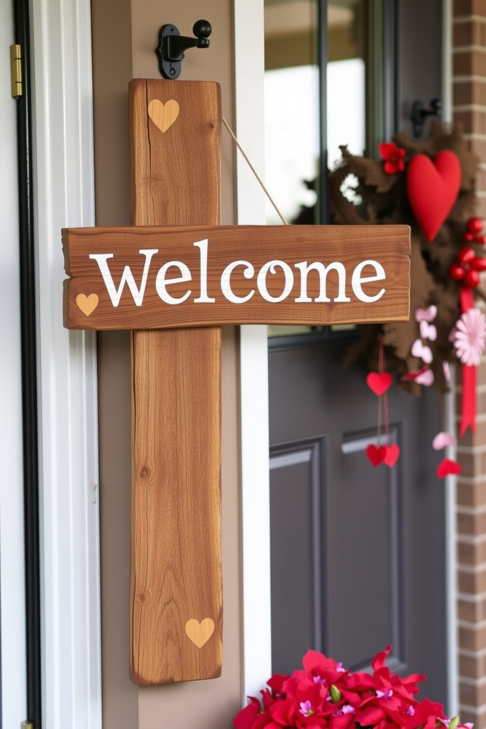 A rustic wooden welcome sign adorned with carved hearts hangs cheerfully by the front door. The sign is complemented by seasonal decorations featuring red and pink accents, creating a warm and inviting atmosphere for Valentine's Day.