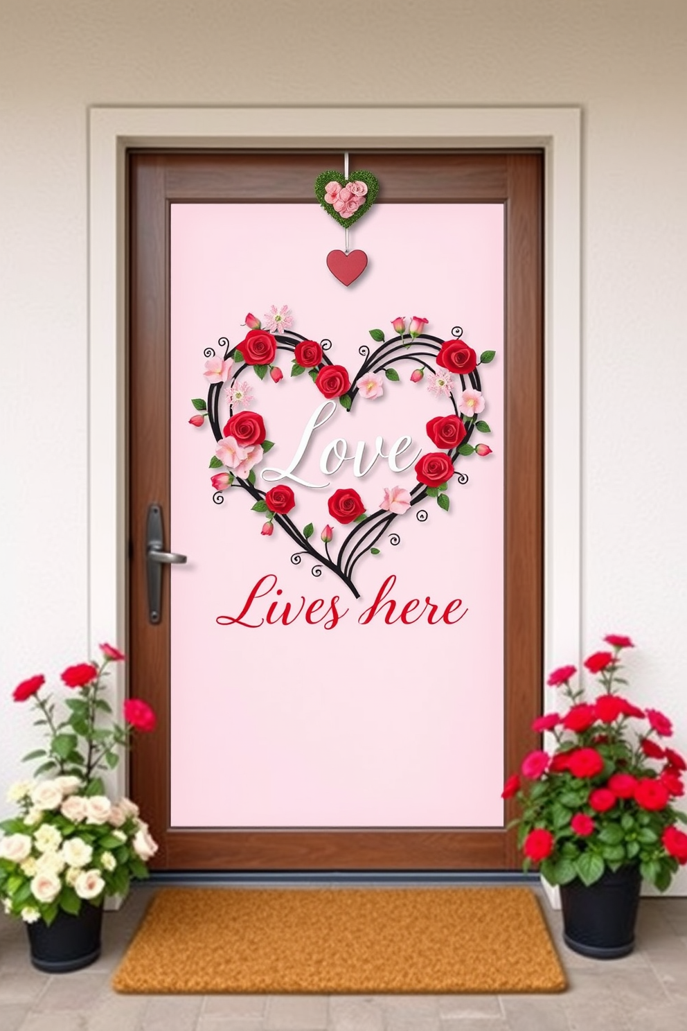 A charming Valentine themed door mat design featuring a heart shape made of intertwined vines and flowers. The background is a soft pastel pink, with the words 