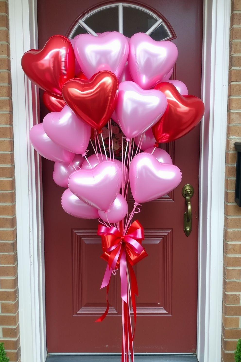 A stunning front door adorned with a vibrant bouquet of pink and red balloons creates a festive atmosphere for Valentine's Day. The arrangement features various sizes of balloons, some heart-shaped, tied together with elegant ribbons, welcoming guests with a cheerful and romantic touch.