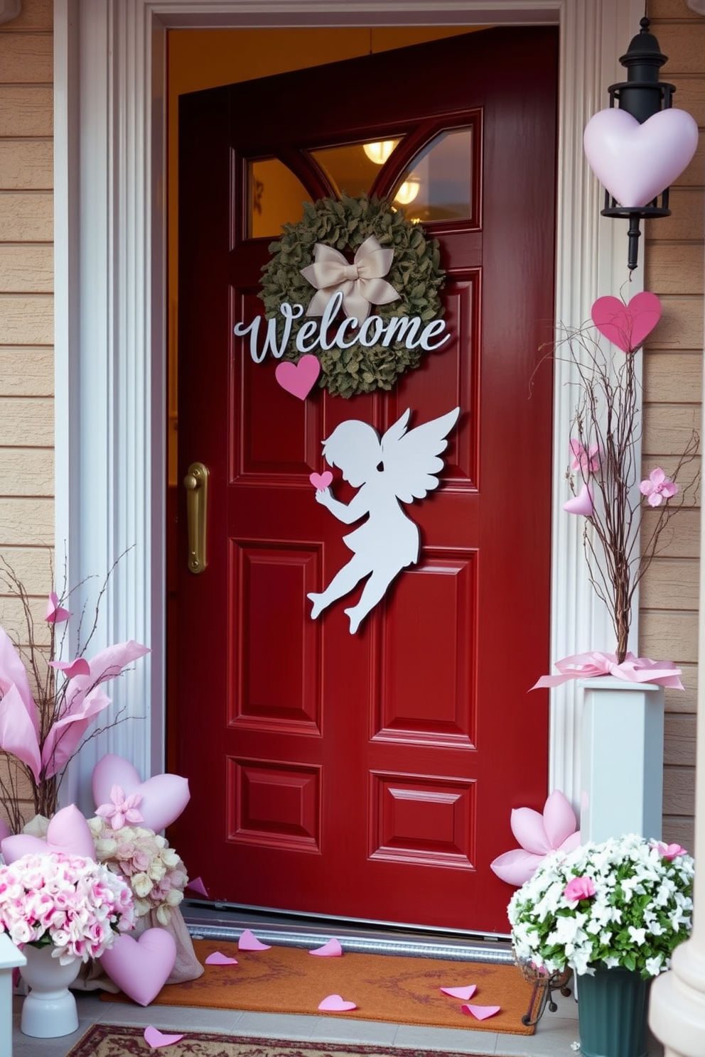 A charming Cupid silhouette is elegantly placed on the front door, welcoming guests with a playful touch. Surrounding the door are soft pastel decorations that evoke the spirit of Valentine's Day, creating a warm and inviting atmosphere.