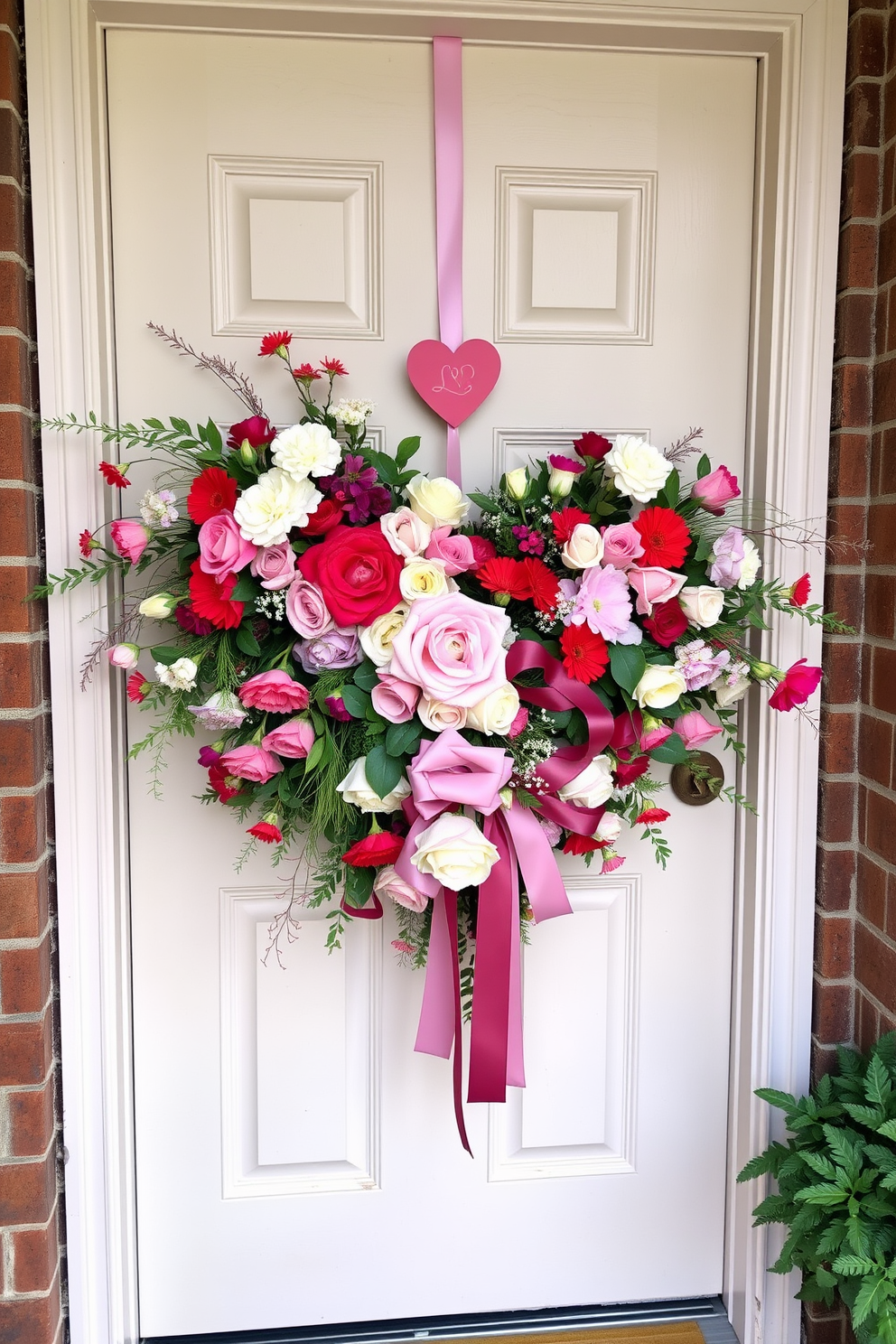 A charming front door adorned with a floral swag featuring vibrant blooms and delicate heart accents. The arrangement is complemented by soft greenery, creating a warm and inviting entrance for Valentine's Day.