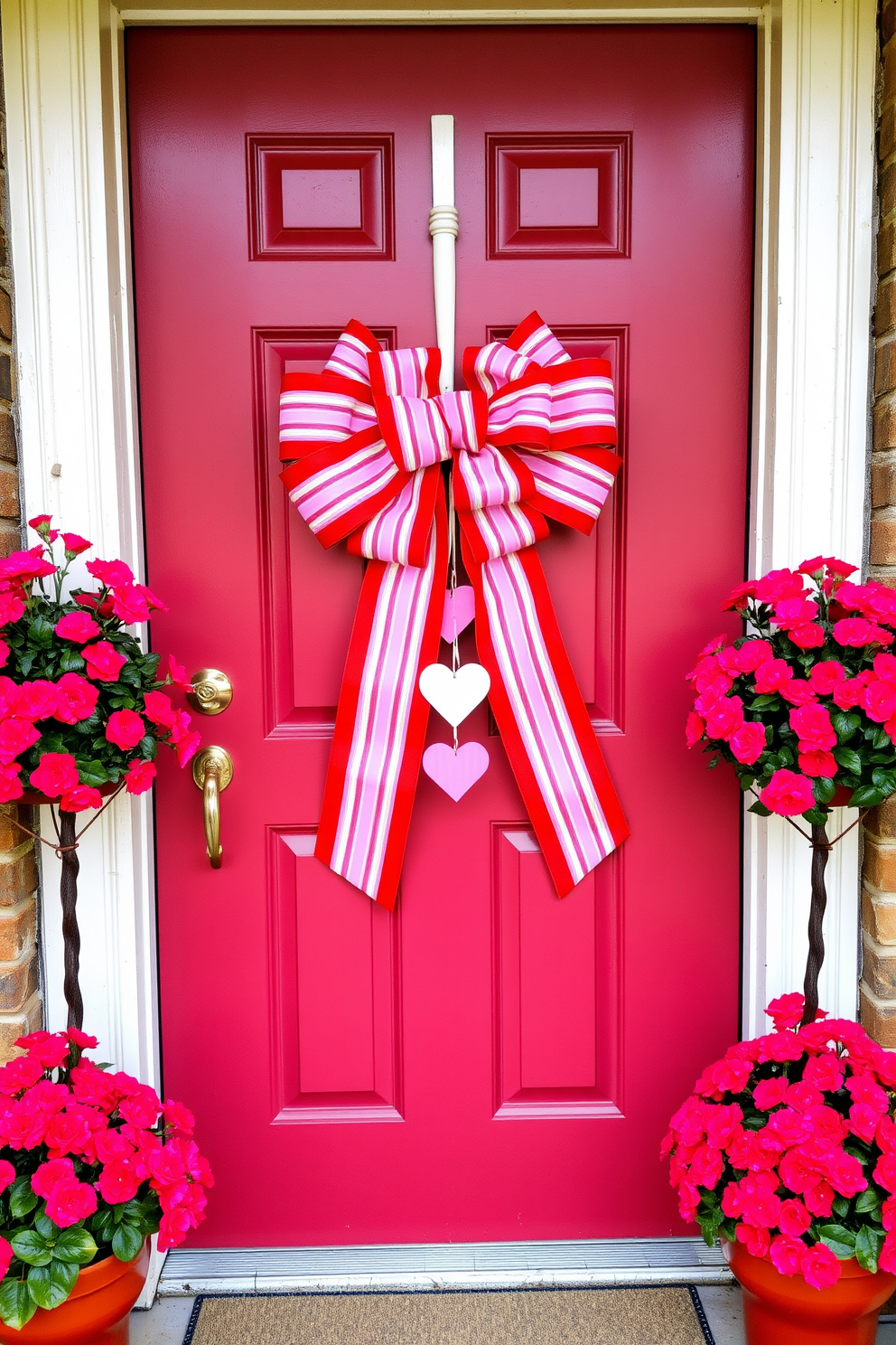 A vibrant door adorned with a large colorful ribbon bow welcomes guests with a festive touch. The bow features an array of reds, pinks, and whites, perfectly complementing the front door's fresh coat of paint. Flanking the door are potted plants with bright blooms that enhance the cheerful atmosphere. Heart-shaped decorations hang from the door handle, adding a playful element to the Valentine's Day theme.