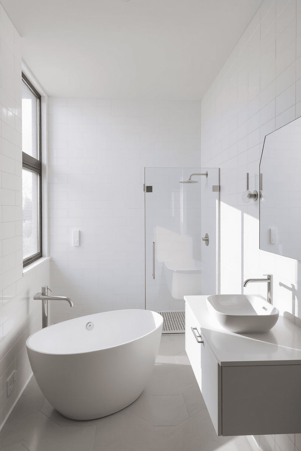 A modern minimalist full bathroom design featuring white tile accents throughout. The space includes a sleek freestanding bathtub, a glass-enclosed shower, and a floating vanity with a simple, elegant sink. The walls are adorned with large white tiles that create a clean and bright atmosphere. Natural light floods the room through a frosted window, enhancing the serene ambiance of the space.