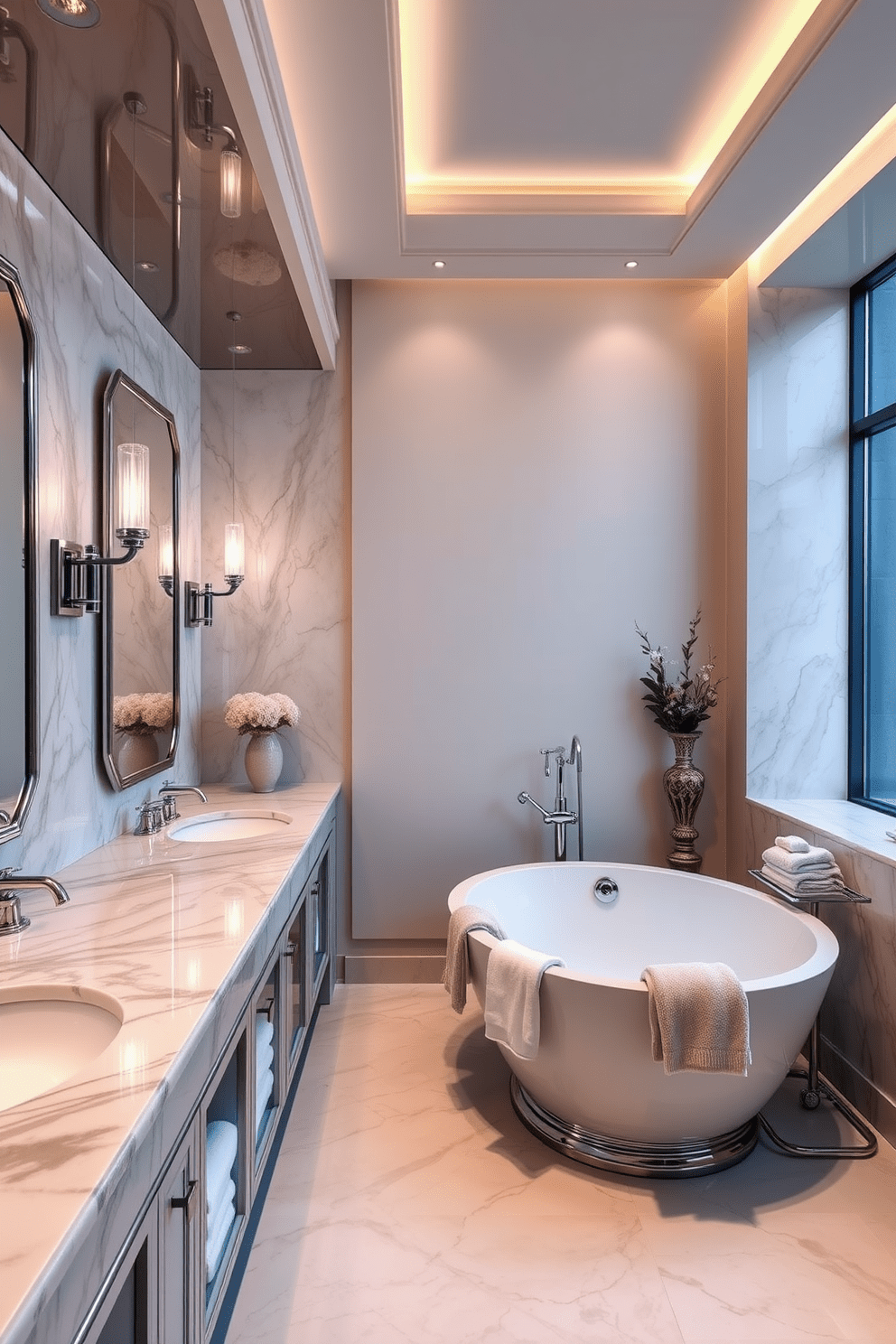 A luxurious full bathroom featuring elegant marble countertops and sinks. The space is adorned with polished chrome fixtures and ambient lighting that enhances the opulence. The walls are clad in soft, neutral tones, creating a serene backdrop for the rich textures. A freestanding soaking tub is positioned strategically to invite relaxation, complemented by plush towels and decorative accents.