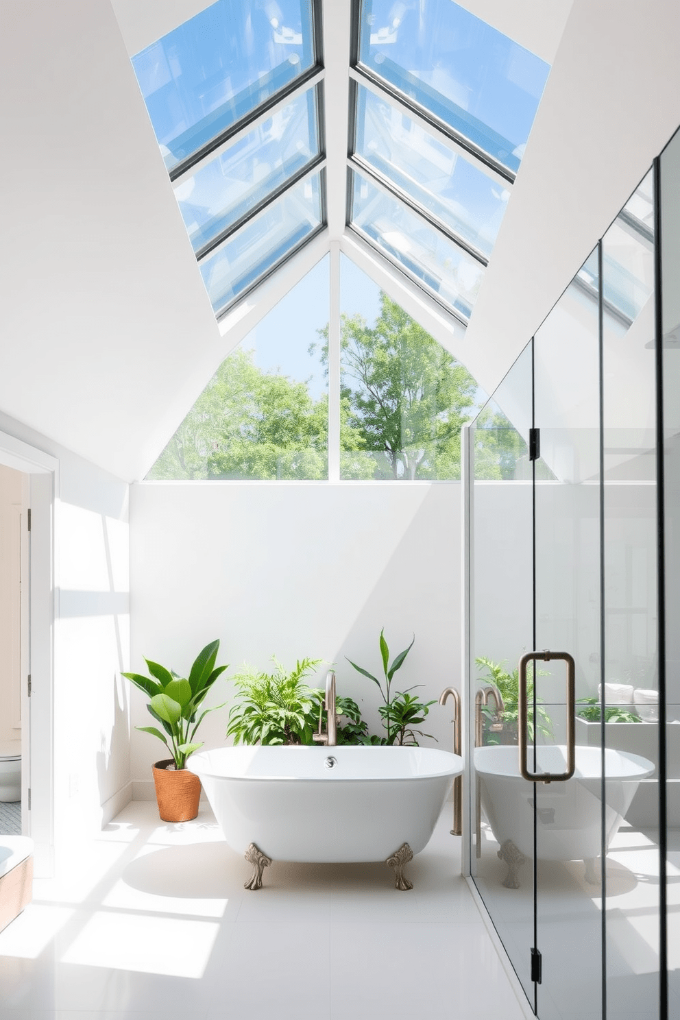 A bright and airy bathroom features a large skylight that floods the space with natural light. The walls are painted in a soft white, creating a fresh and open atmosphere. The centerpiece is a freestanding soaking tub positioned beneath the skylight, surrounded by lush greenery. Elegant fixtures in brushed nickel add a touch of sophistication, while a large walk-in shower with clear glass doors enhances the sense of openness.