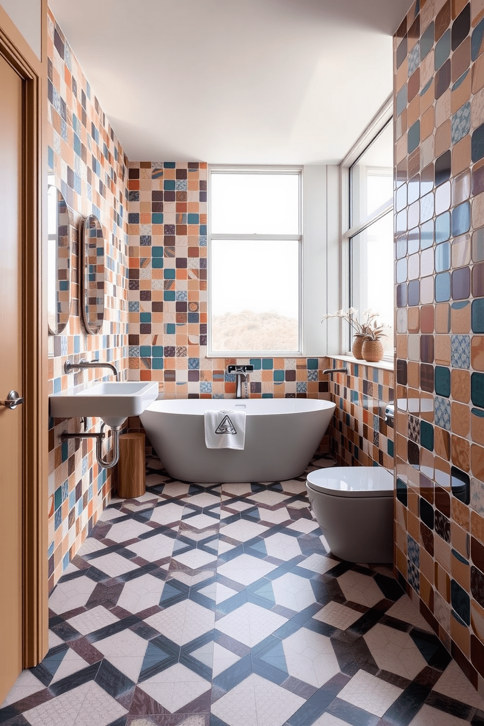 A full bathroom design featuring geometric tile patterns that create visual interest. The walls are adorned with vibrant tiles in various shapes and colors, complemented by sleek fixtures and a modern freestanding tub. The floor showcases a striking geometric tile arrangement that draws the eye, enhancing the overall aesthetic. Natural light floods the space through large windows, illuminating the contemporary design elements and decorative accents.