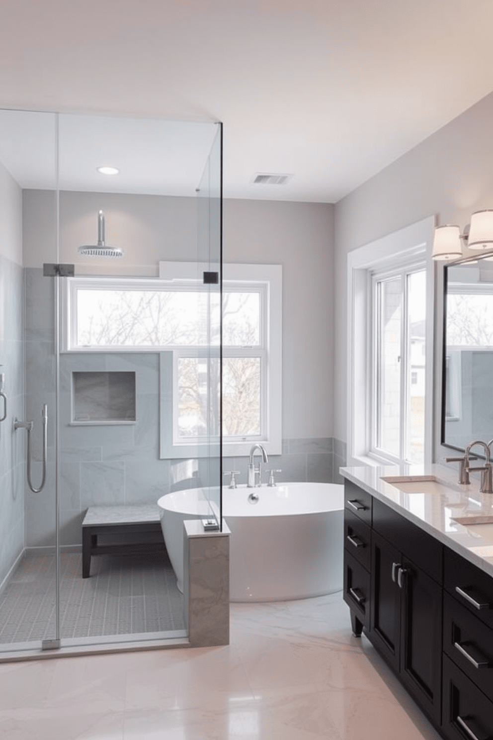 A sleek glass shower enclosure features frameless panels that create an open and airy feel. The shower is equipped with a rain showerhead and a built-in bench, complemented by elegant tile work in soft gray tones. The full bathroom design incorporates a freestanding soaking tub positioned near a large window, allowing natural light to flood the space. A double vanity with modern fixtures and ample storage completes the sophisticated look, enhanced by stylish lighting fixtures above each sink.