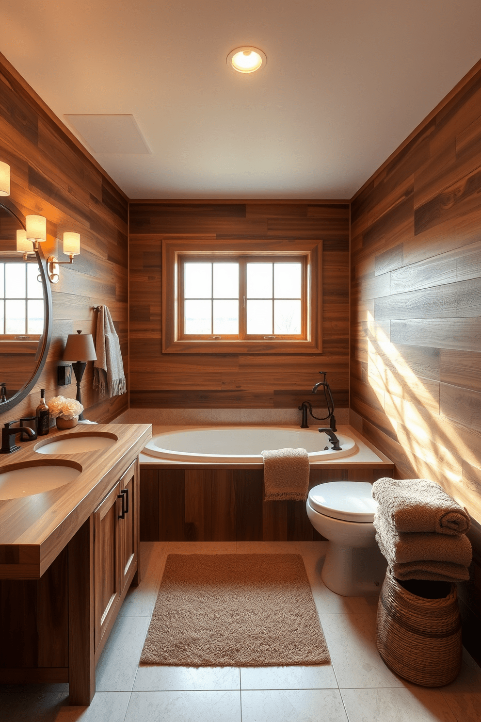 A full bathroom design featuring warm wood tones creates a cozy ambiance. The space includes a wooden vanity with a natural finish, complemented by a deep soaking tub surrounded by wooden paneling. Soft lighting fixtures are strategically placed to enhance the warmth of the wood. The walls are adorned with neutral tiles that add texture while maintaining a serene atmosphere. A large window allows natural light to flood the room, highlighting the rich wood tones. Plush towels and decorative elements in earthy colors complete the inviting look.