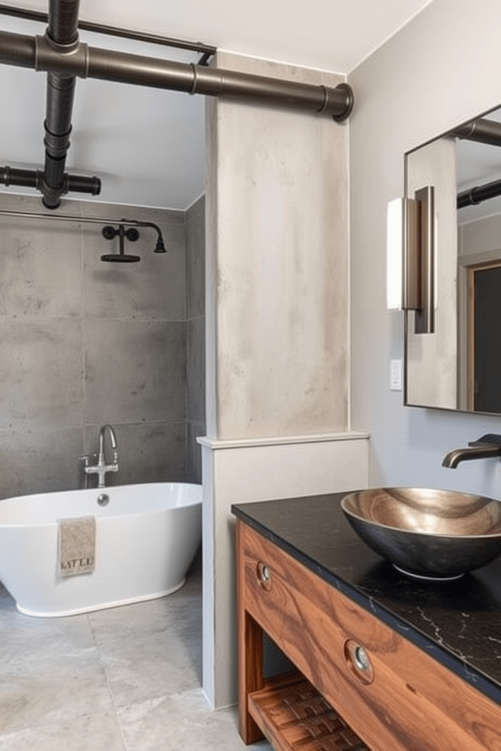 A full bathroom design featuring industrial elements with metal accents. The space includes a large freestanding tub with a brushed metal faucet and a concrete wall backdrop. A sleek metal-framed shower enclosure complements the exposed pipework overhead. The vanity is crafted from reclaimed wood, topped with a dark granite surface, and includes a stylish vessel sink.