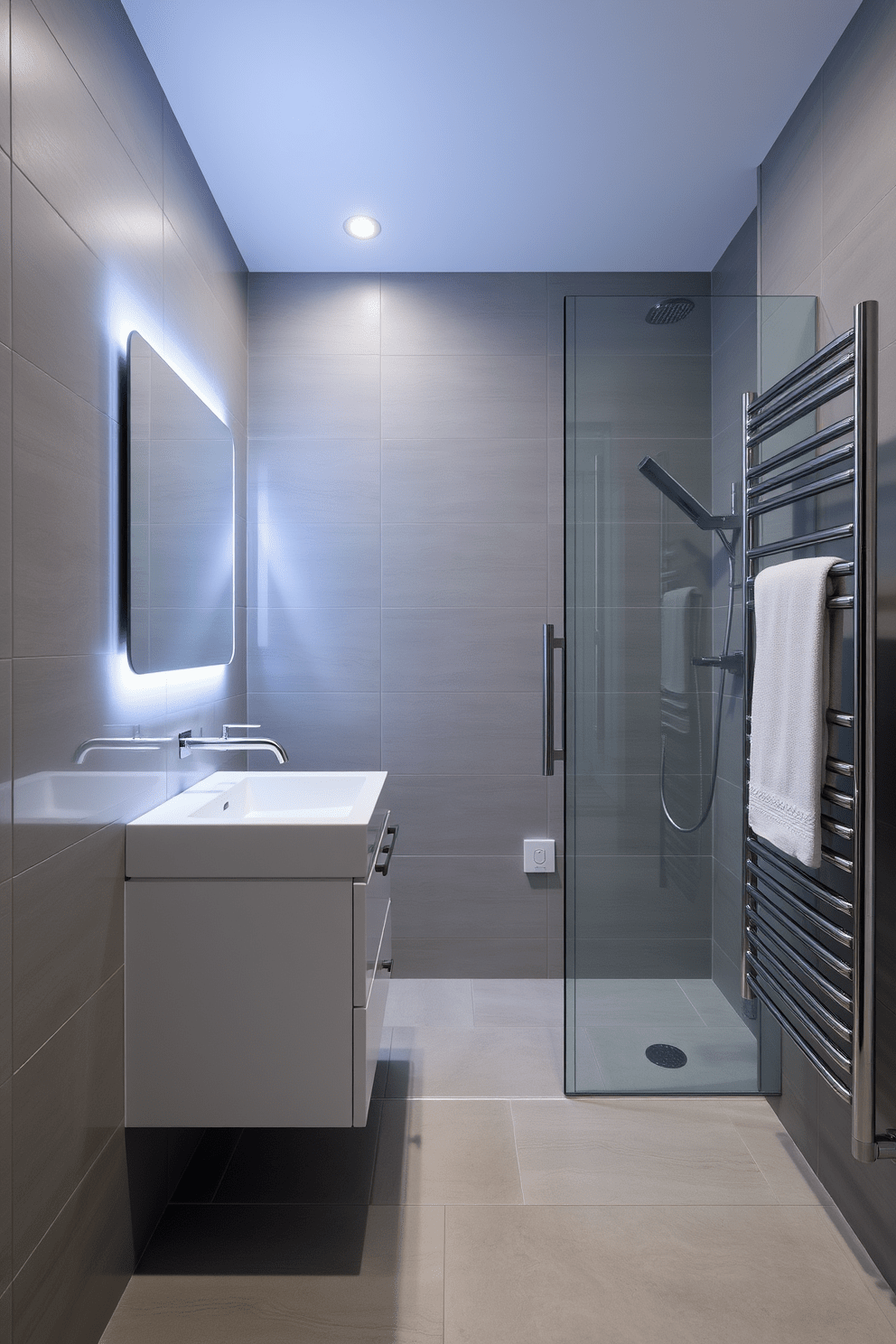 A sleek full bathroom featuring smart technology for modern conveniences. The space includes a touchless faucet and a smart shower system with customizable settings. The walls are adorned with large-format tiles in a soft gray hue, complemented by a floating vanity with integrated LED lighting. A frameless glass shower enclosure showcases a rainfall showerhead, while a heated towel rack adds luxury.