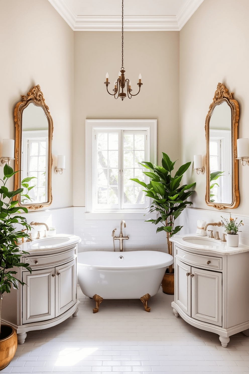 A full bathroom design featuring vintage mirrors that enhance the elegance of the space. The walls are adorned with soft pastel colors, and the floor is covered in classic white subway tiles. A freestanding soaking tub sits in the center, surrounded by lush greenery for a spa-like atmosphere. The vintage mirrors above the double sink vanity reflect the natural light streaming in from a nearby window.