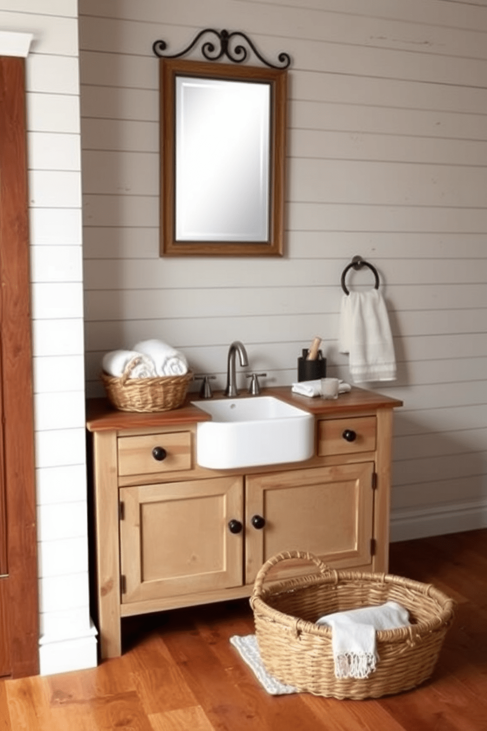 A rustic farmhouse bathroom features a wooden vanity with a distressed finish and a large porcelain sink. The walls are clad in shiplap, and the floor showcases wide plank hardwood, creating a warm and inviting atmosphere. Above the vanity, a vintage-style mirror with a wrought iron frame adds character. Soft, neutral tones are complemented by a woven basket filled with plush towels, enhancing the cozy farmhouse aesthetic.