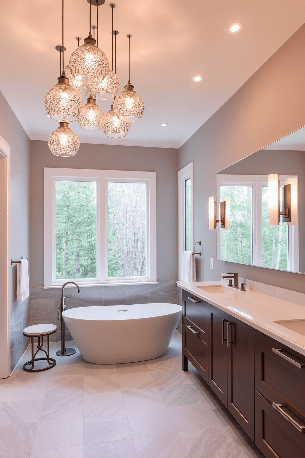 Creative lighting fixtures for ambiance. A cluster of pendant lights hangs from the ceiling, featuring intricate glass designs that cast a warm glow throughout the room. Wall sconces with soft LED bulbs flank a large mirror, providing both functionality and style. Full bathroom design ideas. The space includes a freestanding soaking tub positioned beneath a large window, allowing natural light to flood the room. Elegant tiles in shades of soft gray cover the floor, while a double vanity with sleek lines offers ample storage and a modern touch.