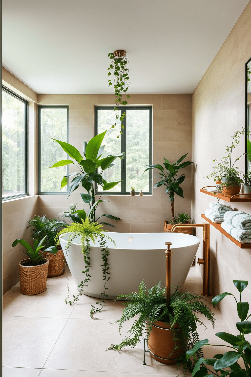 A serene full bathroom design featuring lush greenery that brings a refreshing feel to the space. The walls are adorned with soft beige tiles, and large windows allow natural light to flood in, enhancing the vibrant plants placed throughout the room. A freestanding soaking tub is positioned in the center, surrounded by potted ferns and trailing vines. Elegant fixtures in brushed gold complement the natural elements, while a wooden shelf displays neatly arranged towels and decorative items.