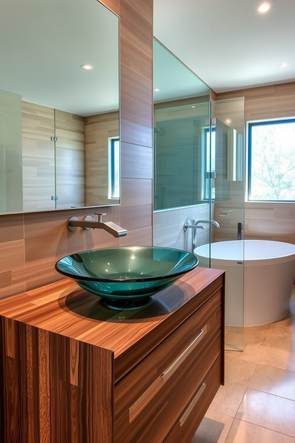 A unique vessel sink made of hand-blown glass sits atop a sleek wooden vanity with a rich walnut finish. The surrounding space features elegant fixtures in brushed nickel and a large, frameless mirror that reflects the artistic sink. The walls are adorned with textured tiles in soft earth tones, creating a warm and inviting atmosphere. A freestanding soaking tub is positioned near a window, allowing natural light to enhance the bathroom's beauty.