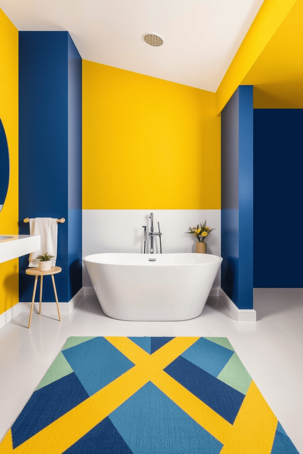 A vibrant full bathroom design featuring bold color-blocking elements. The walls are divided into striking sections of deep blue and bright yellow, creating a contemporary and energetic atmosphere. The freestanding tub is a sleek white, positioned against the bold backdrop. A geometric patterned rug in complementary colors adds texture and visual interest to the space.