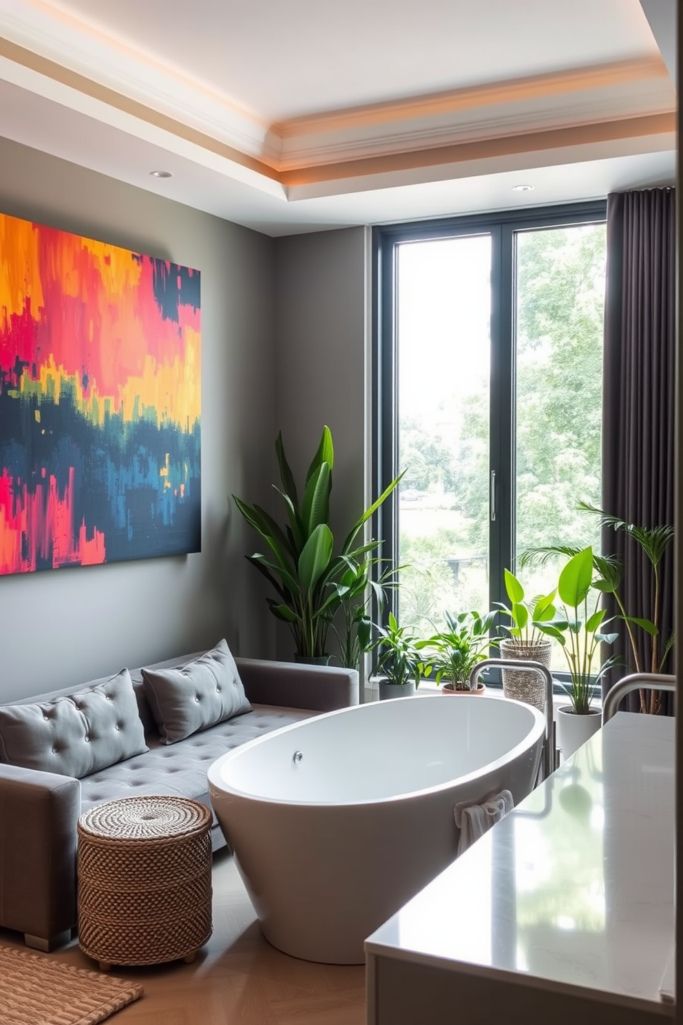 Artistic wall art to personalize space. A large canvas painting in vibrant colors hangs above a plush sofa, creating a focal point in the living room. Full bathroom design ideas. The space features a freestanding soaking tub centered under a large window, surrounded by potted plants for a spa-like atmosphere.