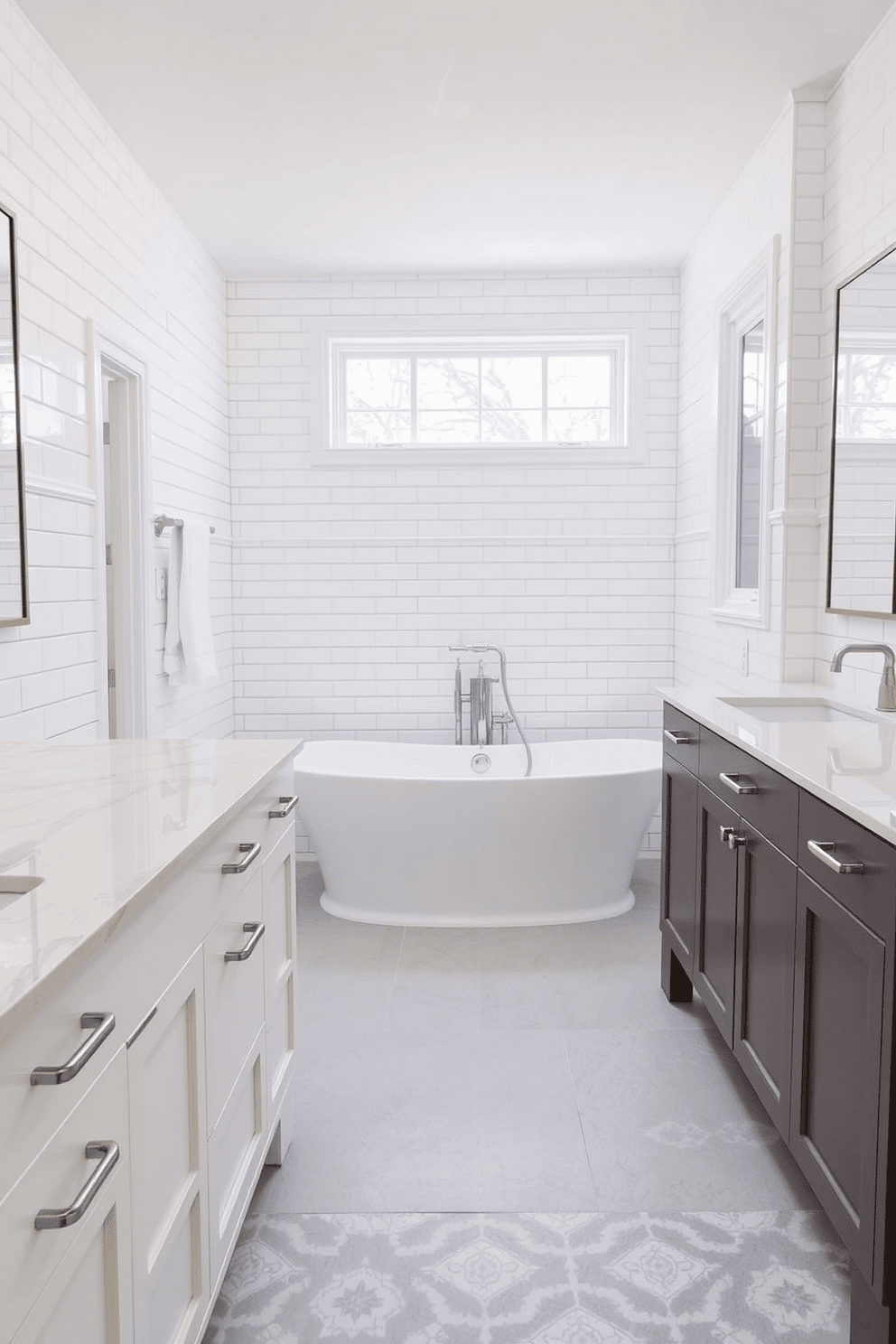 A full bathroom featuring classic subway tiles in a crisp white finish. The walls are adorned with these tiles, creating a timeless look that complements a freestanding soaking tub positioned under a large window. The floor showcases elegant hexagonal tiles in a soft gray tone, enhancing the overall aesthetic. A modern double vanity with a sleek quartz countertop and polished chrome fixtures completes the design, providing both style and functionality.