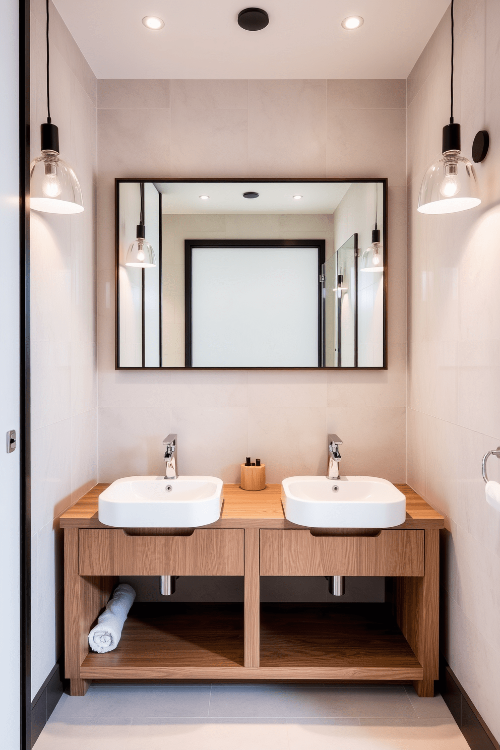 A stylish shared bathroom featuring double sinks set in a sleek wooden vanity. The space is illuminated by modern pendant lights, and the walls are adorned with elegant tiles in a soft neutral tone. The double sinks are complemented by polished chrome faucets and chic storage solutions beneath the vanity. A large framed mirror above the sinks enhances the room's brightness and creates a sense of openness.