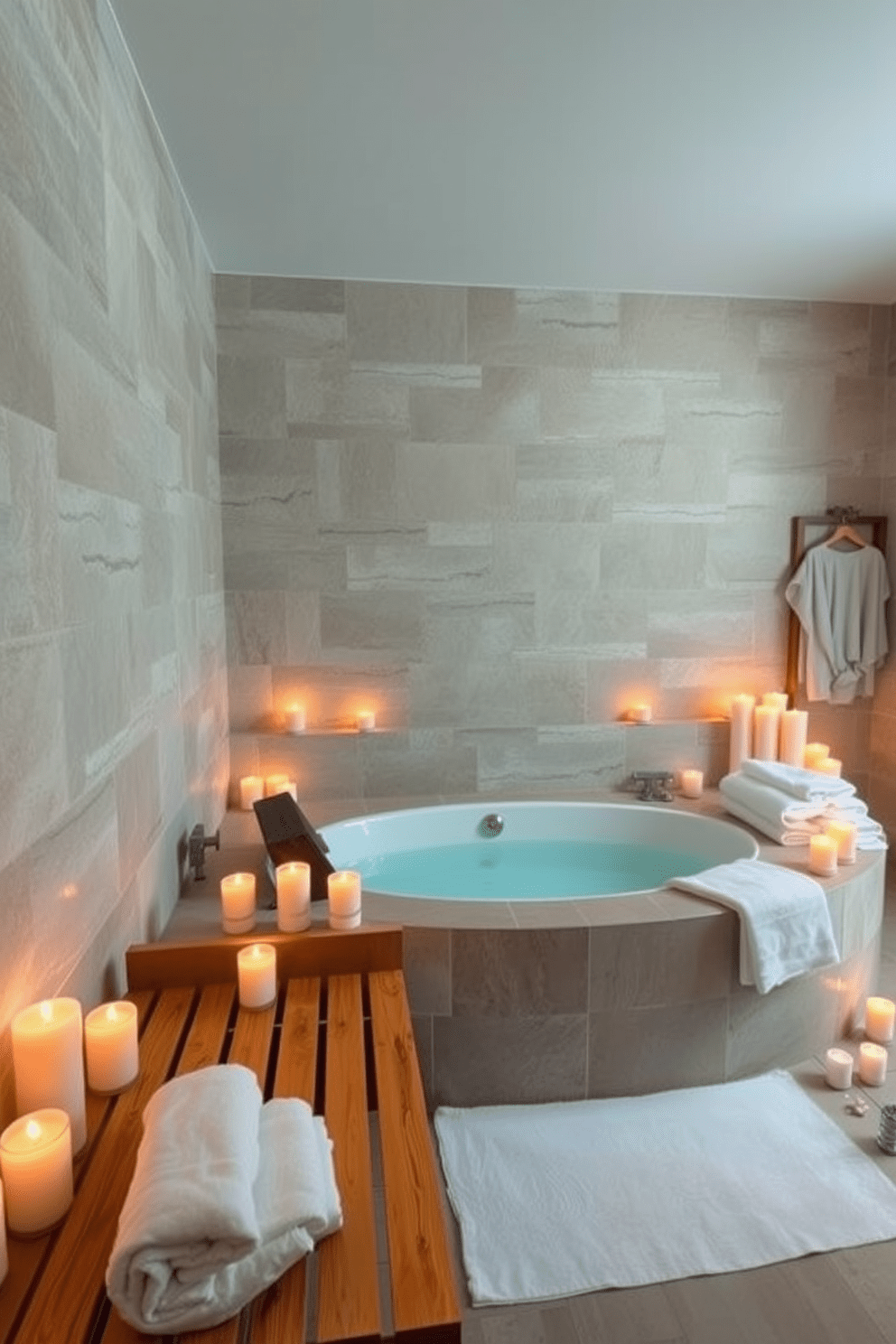 A serene spa-inspired bathroom features a large soaking tub surrounded by flickering candles for a calming ambiance. The walls are adorned with natural stone tiles, and soft lighting enhances the tranquil atmosphere. Incorporate a wooden bench next to the tub for added comfort and style. Plush towels are neatly arranged nearby, inviting relaxation and indulgence.