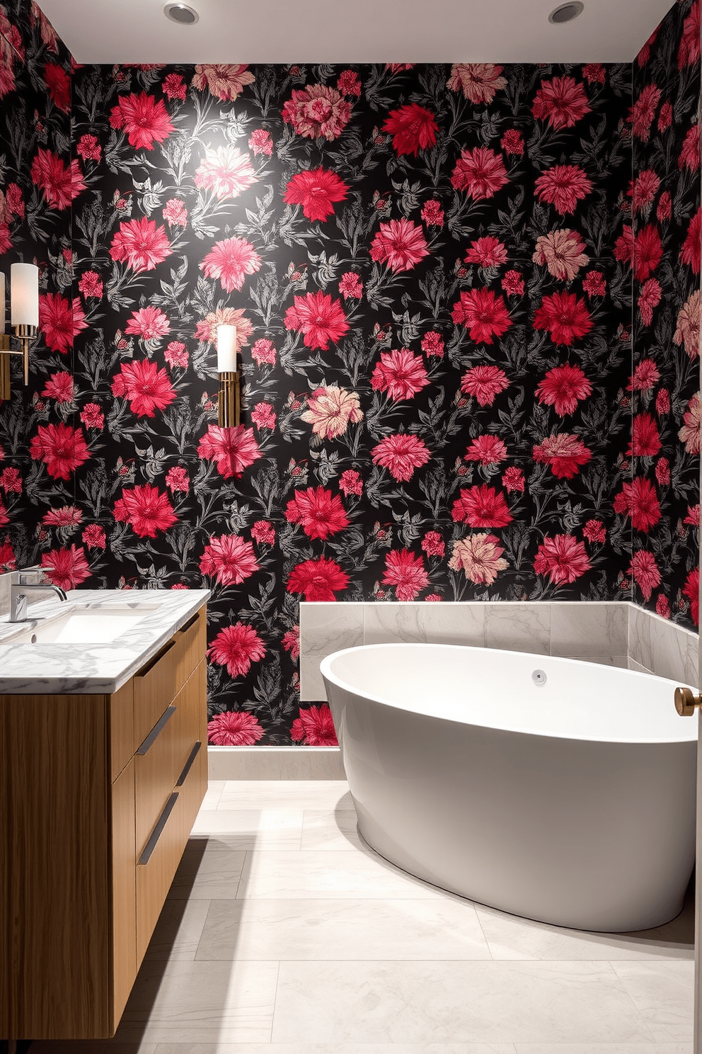 A striking full bathroom design featuring a bold wallpaper that creates a stunning statement wall. The wallpaper showcases a vibrant floral pattern that contrasts beautifully with sleek white fixtures and a modern freestanding bathtub. To the left of the bathtub, a stylish wooden vanity with a polished countertop offers ample storage space. Elegant sconces mounted on either side of a large mirror provide warm lighting, enhancing the overall ambiance of the room.