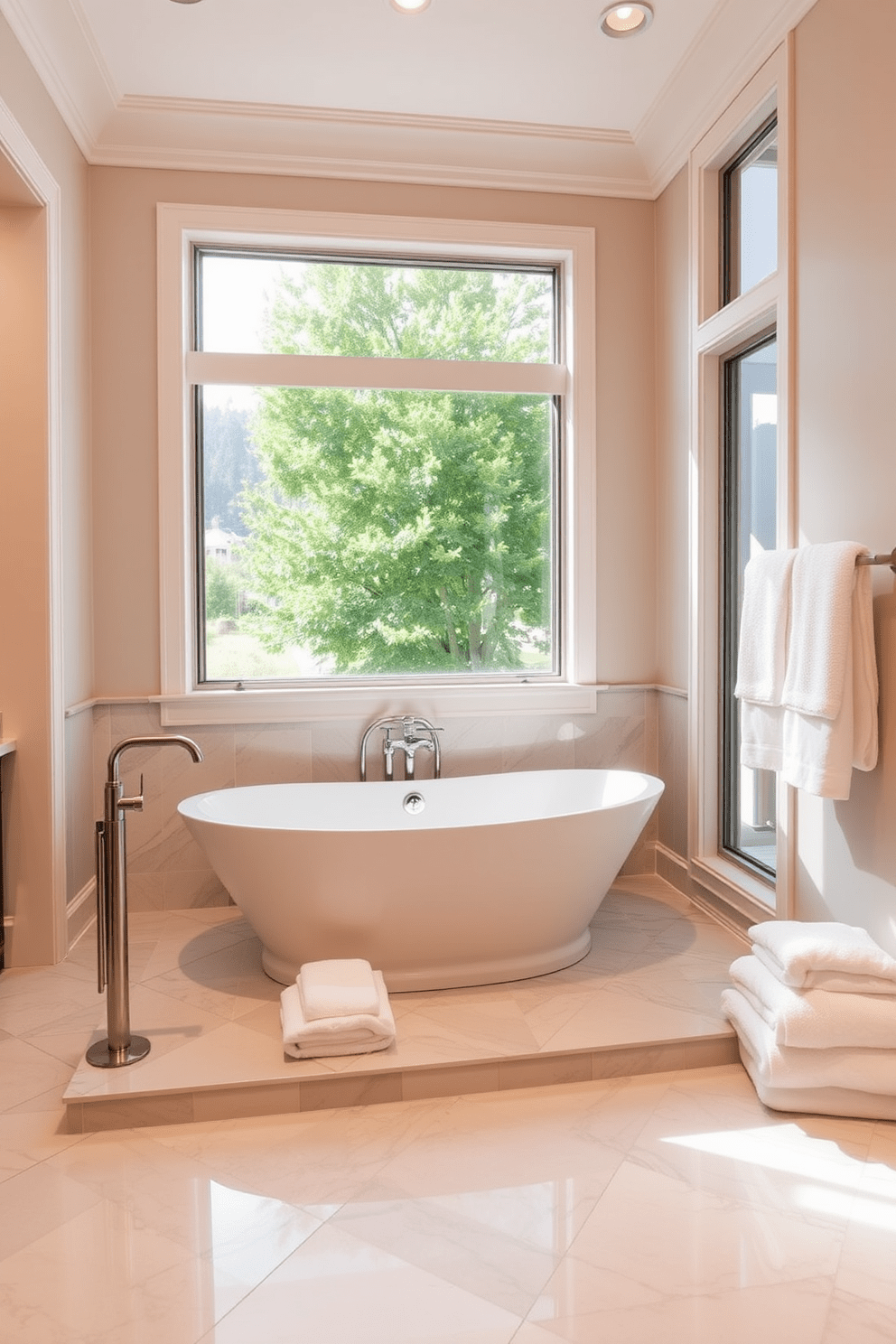 An elegant freestanding bathtub is the centerpiece of this luxurious bathroom. Surrounding the tub are marble tiles in soft gray tones, complemented by a stylish floor-mounted faucet. The walls are adorned with light beige paint, creating a warm and inviting atmosphere. A large window allows natural light to flood the space, highlighting the plush white towels neatly arranged nearby.