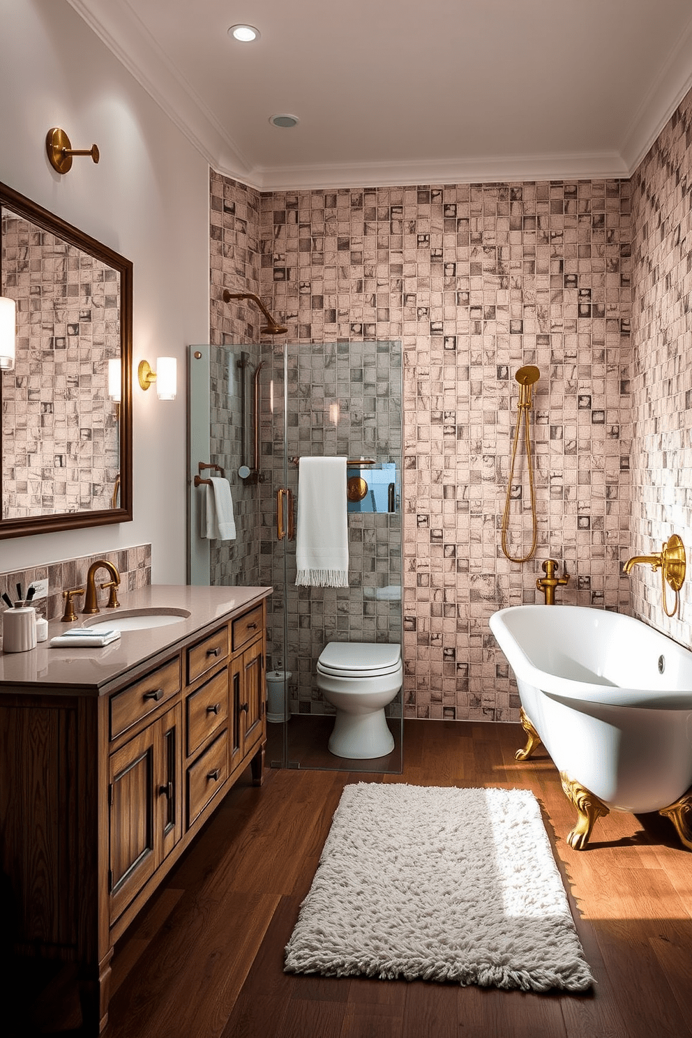 A full bathroom featuring vintage fixtures seamlessly integrated with modern functionality. The space includes a freestanding clawfoot tub paired with a sleek rainfall showerhead, accentuated by elegant brass finishes. The vanity showcases a distressed wood finish with a double sink and a large frameless mirror above it. Soft ambient lighting highlights the intricate tile work on the walls, while a plush area rug adds warmth to the room.