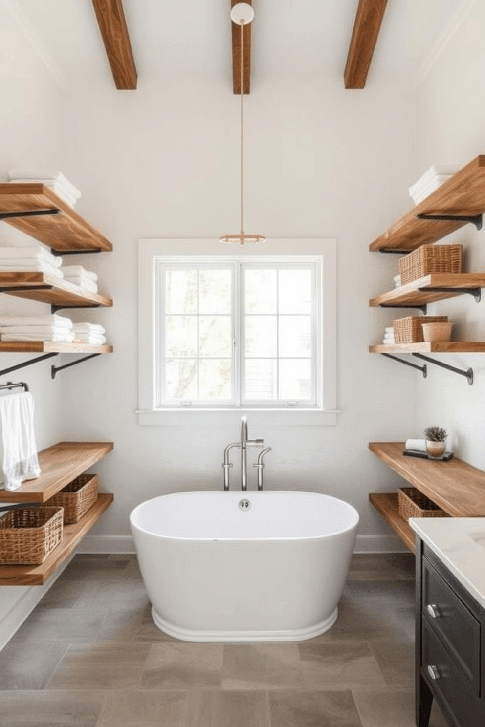 Open shelving for stylish storage solutions. The shelves are made of reclaimed wood and are arranged in a staggered pattern against a white wall, showcasing neatly folded towels and decorative baskets. Full bathroom design ideas. The space features a freestanding soaking tub in the center, complemented by a large window that allows natural light to flood in, creating a serene atmosphere.