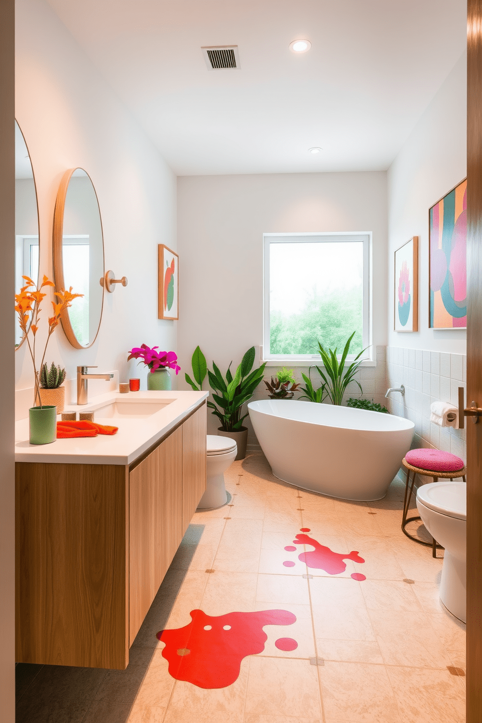 A full bathroom design featuring a neutral color palette complemented by pops of vibrant color. The space includes a freestanding soaking tub surrounded by colorful plants and artwork that add a lively touch. The vanity is crafted from light wood with a sleek white countertop, accented by bold, colorful accessories. Soft lighting highlights the intricate tile work on the floor, which combines neutral tones with splashes of color for visual interest.