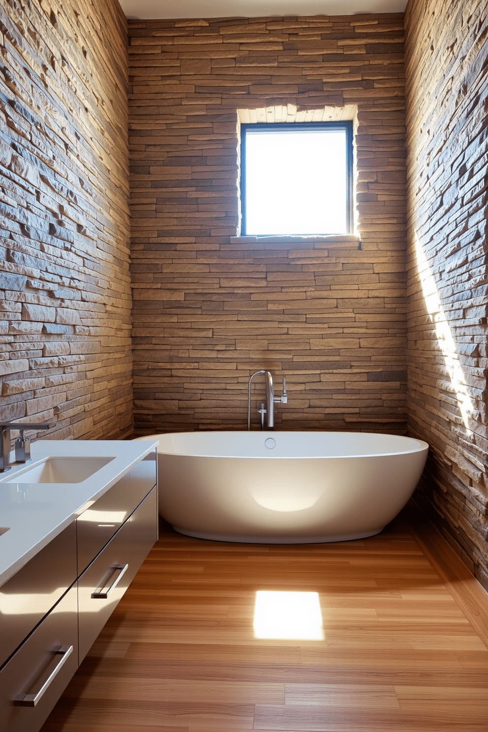 Textured stone walls create a stunning backdrop that enhances the natural beauty of the space. The bathroom features a freestanding soaking tub positioned beneath a large window, allowing natural light to flood the room. A modern double vanity with sleek fixtures complements the stone walls, offering both functionality and elegance. The flooring is a warm wood that contrasts beautifully with the cool tones of the stone, creating a harmonious balance throughout the design.