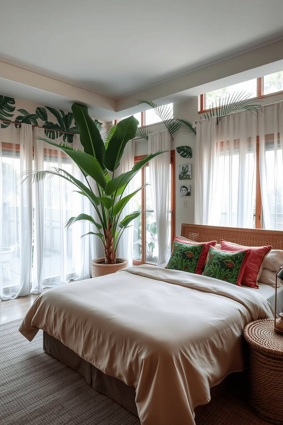 A serene tropical bedroom featuring lush greenery and natural textures. The walls are adorned with botanical prints, and a large potted palm tree stands in one corner, bringing the outdoors inside. The bed is dressed in soft, earthy tones with vibrant throw pillows that echo the tropical theme. Large windows allow natural light to flood the space, framed by sheer white curtains that sway gently in the breeze.