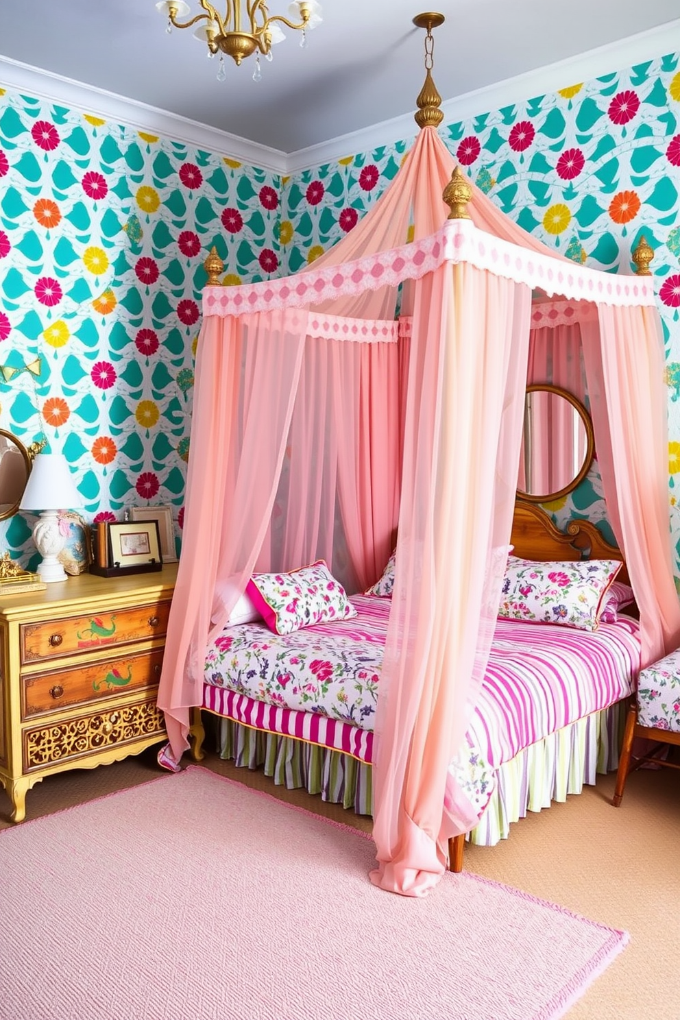 A whimsical bedroom filled with playful patterns. The walls are adorned with vibrant wallpaper featuring colorful geometric shapes, while the bedding showcases a mix of floral and striped designs. A unique canopy bed drapes with sheer pastel curtains, creating a dreamy atmosphere. A vintage dresser with an eclectic array of decorative objects complements the overall cheerful aesthetic.