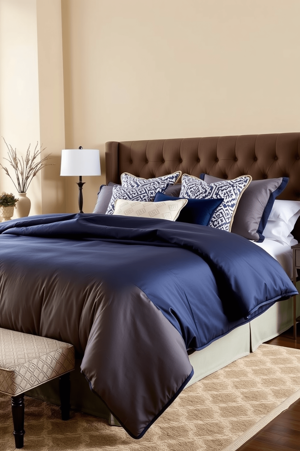 Luxurious bedding for ultimate comfort. The bed is dressed in a plush king-size duvet with a rich navy blue coverlet and an array of decorative pillows in varying textures and patterns. The headboard is upholstered in soft velvet, creating a focal point in the room. Surrounding the bed, the walls are painted a warm cream color, and a chic area rug adds warmth underfoot.