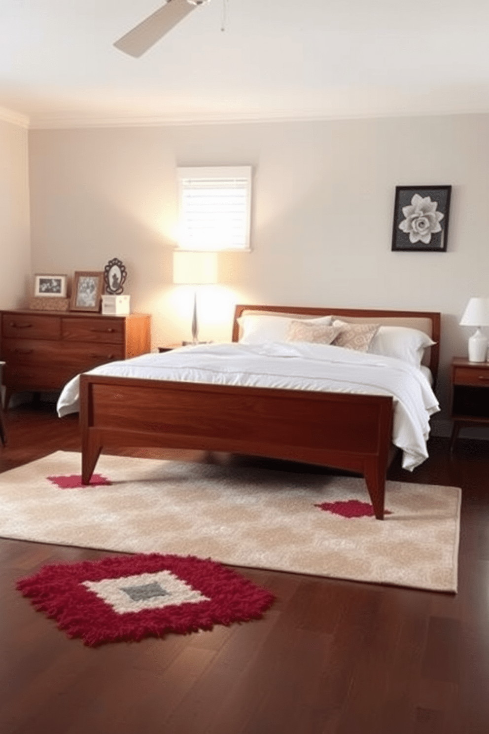 A cozy full bedroom featuring mid-century modern furniture. The bed has a sleek wooden frame with a plush upholstered headboard, complemented by matching nightstands on either side. A vintage dresser with tapered legs sits against the wall, adorned with a stylish lamp and personal decor. Soft, neutral bedding and a colorful geometric rug add warmth and character to the space.