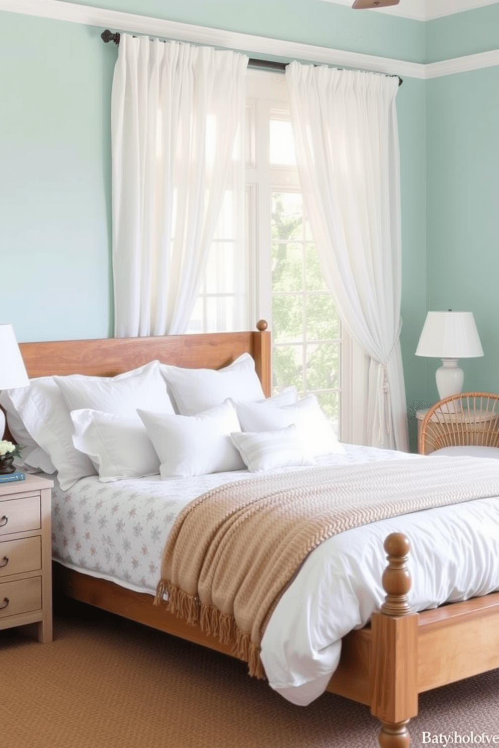 A serene coastal bedroom design featuring soft blue and sandy beige hues. The walls are painted in a light seafoam color, and the bedding includes a mix of white and coral patterns. A large wooden bed frame is positioned against the wall, adorned with fluffy white pillows and a textured throw blanket. Natural light filters through sheer white curtains, illuminating a cozy reading nook with a rattan chair and a small side table.