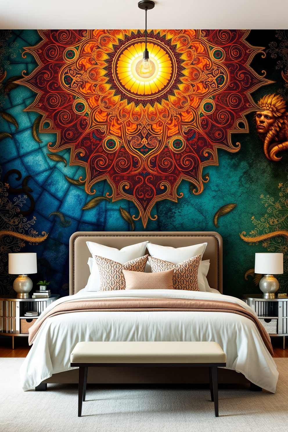 Artistic wall murals create a stunning focal point that adds personality and depth to any bedroom. Choose vibrant colors and intricate designs that reflect your personal style and enhance the overall ambiance. For a full bedroom design, consider a harmonious blend of comfort and elegance. Incorporate a plush bed with luxurious bedding, stylish nightstands, and ambient lighting to create a serene retreat.