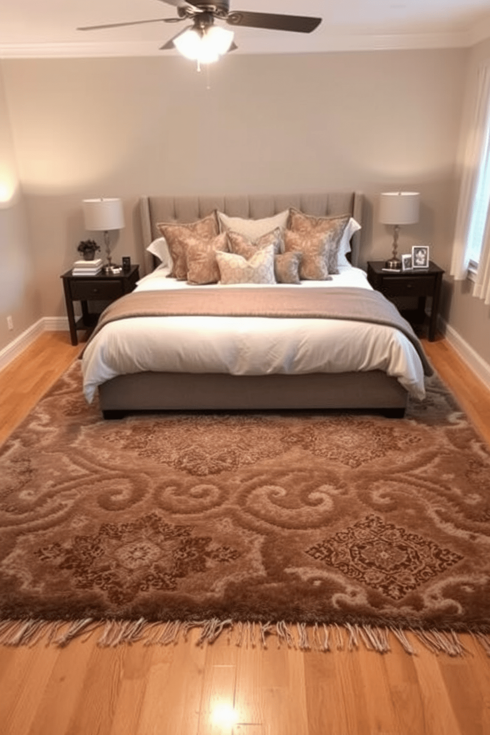 A cozy bedroom featuring layered rugs that add warmth and texture to the space. The base rug is a large neutral-toned piece while a smaller, patterned rug sits on top, creating visual interest. The bed is dressed in luxurious linens with an assortment of plush pillows. Soft lighting from bedside lamps casts a warm glow, enhancing the inviting atmosphere of the room.