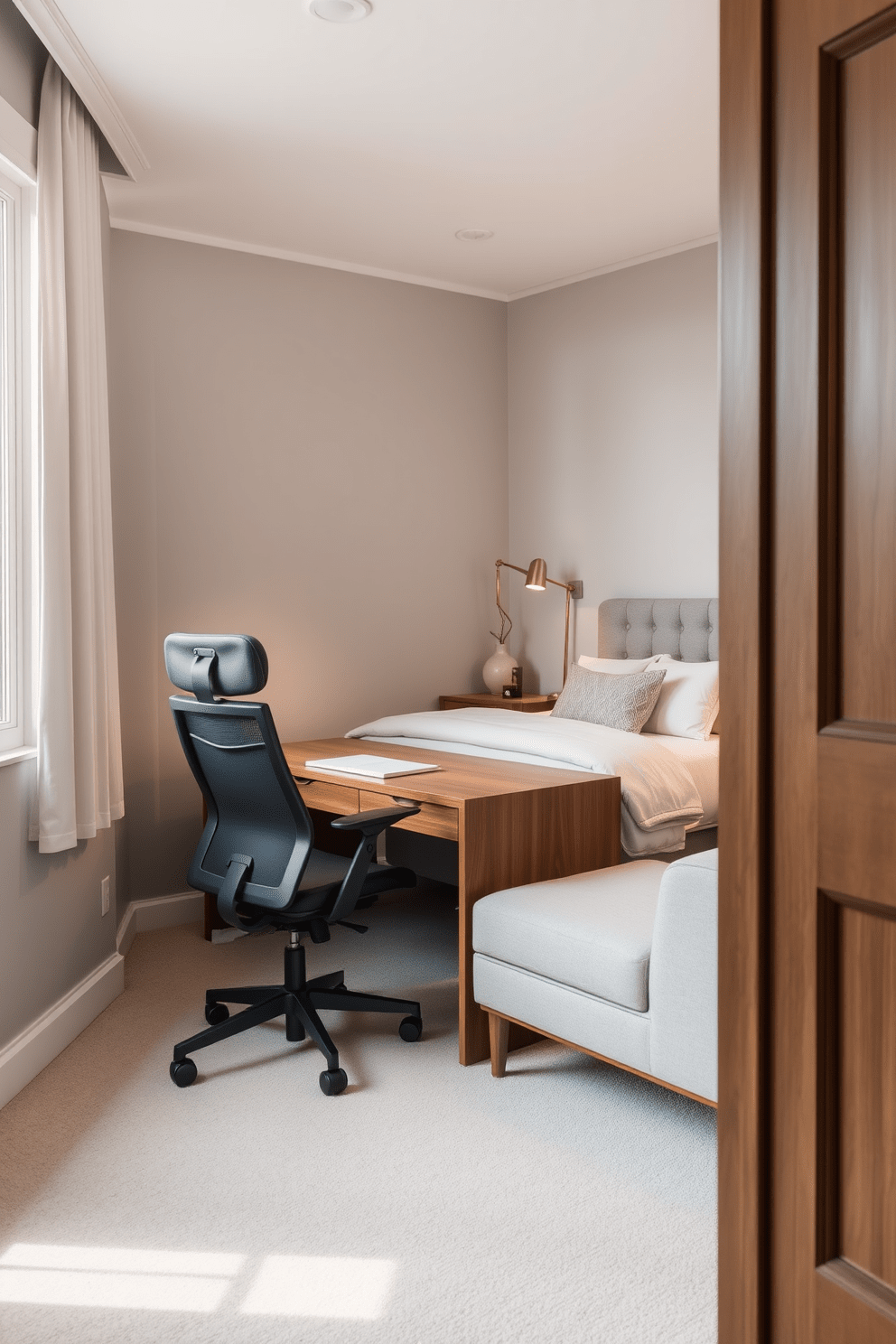 A functional workspace is nestled in the corner of a cozy bedroom. It features a sleek wooden desk with a comfortable ergonomic chair, surrounded by soft natural light from a nearby window. The bedroom is designed with a harmonious color palette of soft grays and warm whites. A plush bed with layered bedding takes center stage, complemented by stylish nightstands and decorative lighting.