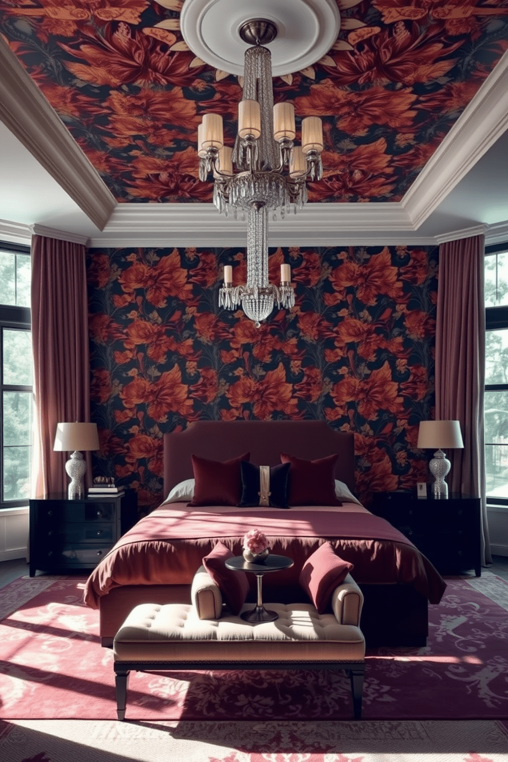 A luxurious bedroom featuring bold wallpaper that creates a dramatic focal point. The room is adorned with a plush king-sized bed dressed in rich fabrics, complemented by elegant nightstands on either side. Large windows dressed in flowing drapes allow natural light to flood the space, enhancing the vibrant colors of the wallpaper. A cozy seating area with a stylish armchair and a small coffee table invites relaxation, while a statement chandelier adds a touch of glamour.