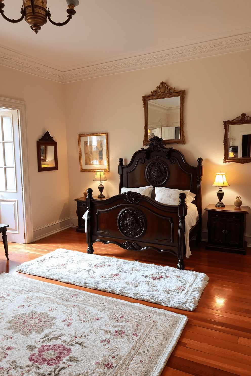 A vintage-inspired bedroom featuring a beautifully crafted wooden bed frame with intricate carvings. The room is adorned with antique bedside tables, each holding a delicate lamp with a warm glow. A plush area rug with floral patterns covers the hardwood floor, adding warmth and texture to the space. The walls are painted in a soft pastel hue, complemented by vintage artwork and framed mirrors that enhance the room's charm.