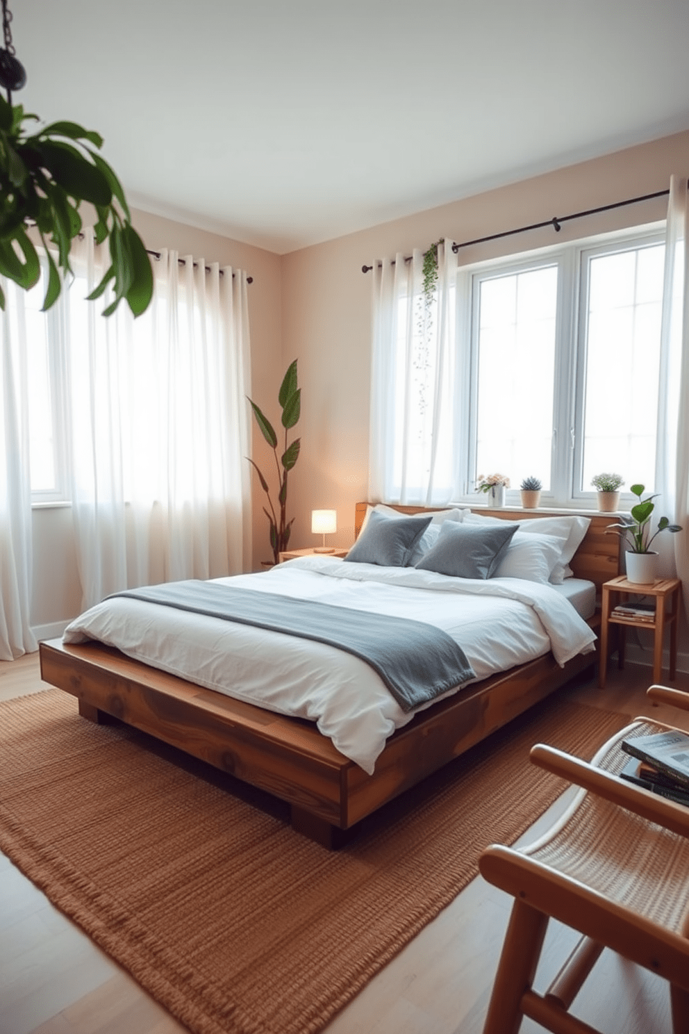 A serene bedroom retreat featuring a platform bed made of reclaimed wood with crisp white linens and soft gray throw pillows. Natural light floods the space through large windows adorned with sheer curtains, highlighting the earthy tones of the woven jute rug beneath. The walls are painted in a calming soft beige, complemented by potted plants that bring a touch of greenery to the room. A minimalist nightstand holds a small lamp with a warm glow, and a cozy reading nook is created with a comfortable chair and a small bookshelf in the corner.