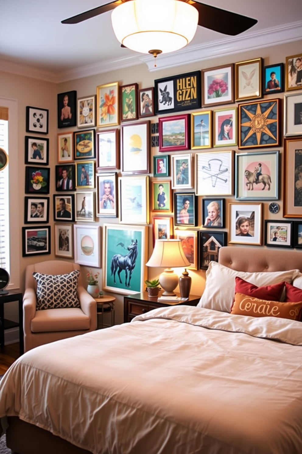 A colorful gallery wall filled with an eclectic mix of framed artwork and photographs creates a vibrant focal point in the room. The wall features a variety of colors and textures, showcasing personal expression and creativity. A full bedroom design that blends comfort and style includes a plush king-sized bed dressed in soft linens. The room is accented with warm lighting, a cozy seating area, and decorative elements that reflect the homeowner's personality.